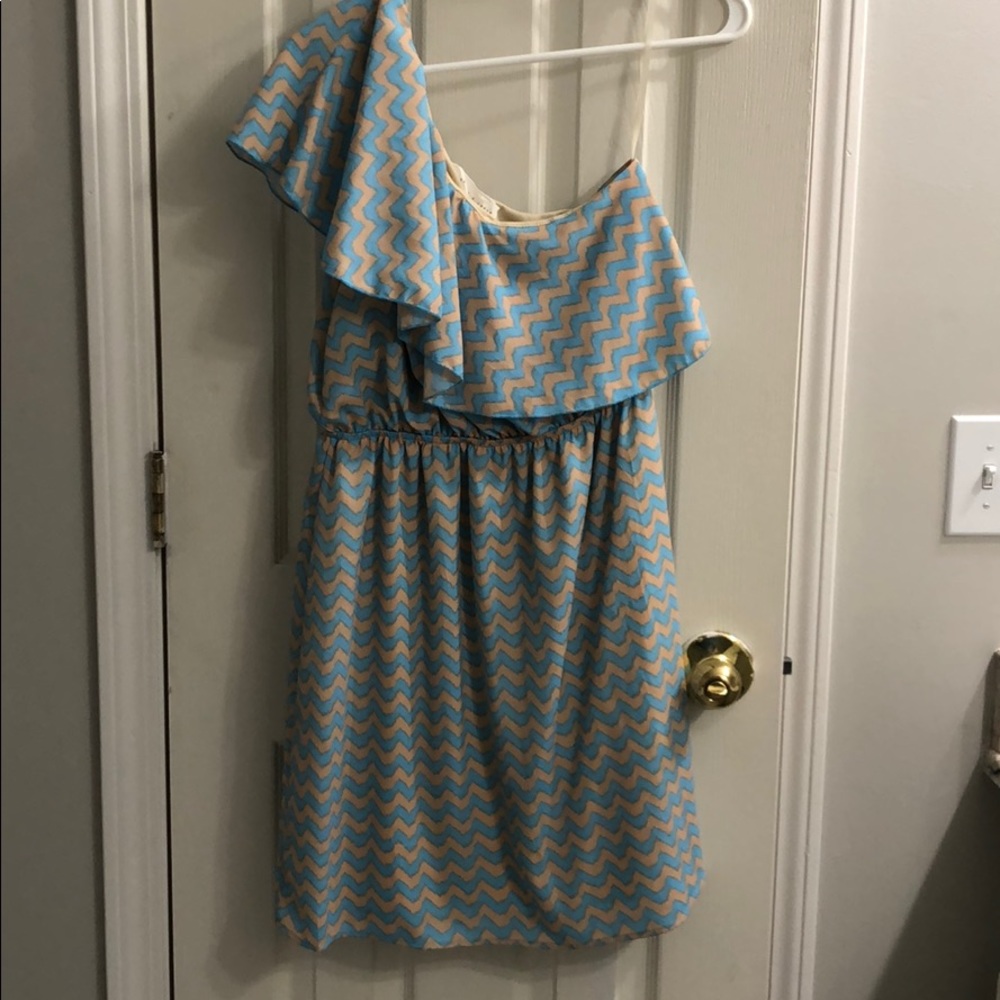 Blue and beige one shoulder dress